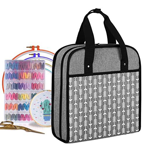 YARWO Embroidery Bag, Embroidery Projects Storage with Multiple Pockets for Embroidery Hoops (Up to 12"), Embroidery Floss and Supplies, Gray Arrow (Bag Only)