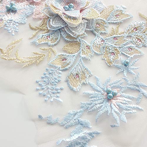 Embroidered Pearl Hot-Drilled Three-Dimensional Flower Lace Applique 3D Series Wedding Dress/Dress/Performance Stage Dress/Costume Accessories (Sky Blue)