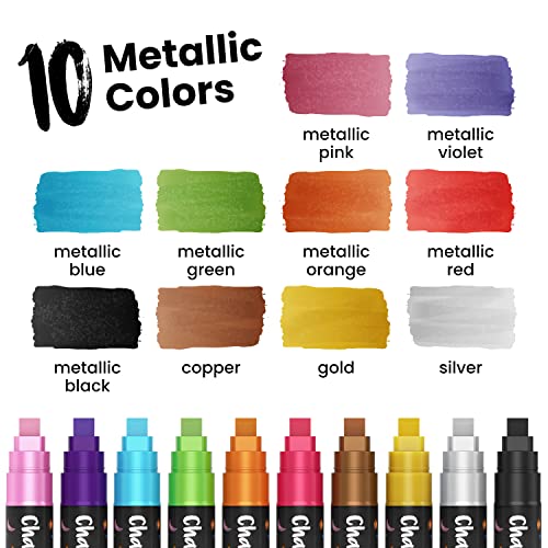 10mm Metallic Chalk Markers (10 Pack) Liquid Chalk Pens - For Blackboards, Chalkboard, Bistro Menu, Window - Wet Wipe Erasable Car Window Markers - 10mm 3-in-1 Wide Nib