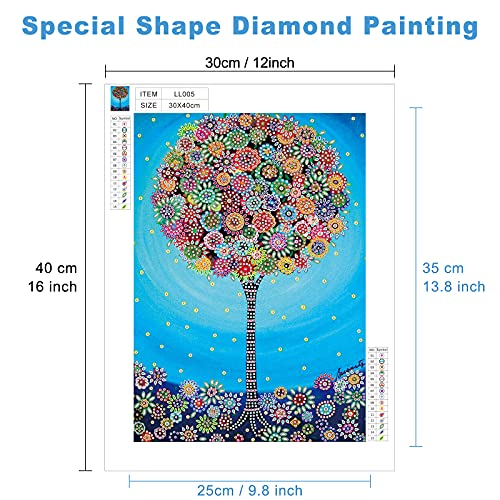 MXJSUA Special Shape Diamond Painting Kits for Adults, Round Drill Diamond Painting Kits 5D DIY Diamond Painting by Number Kits Diamond Art Kits for Home Wall Decor Flowers Tree 12x16 Inch