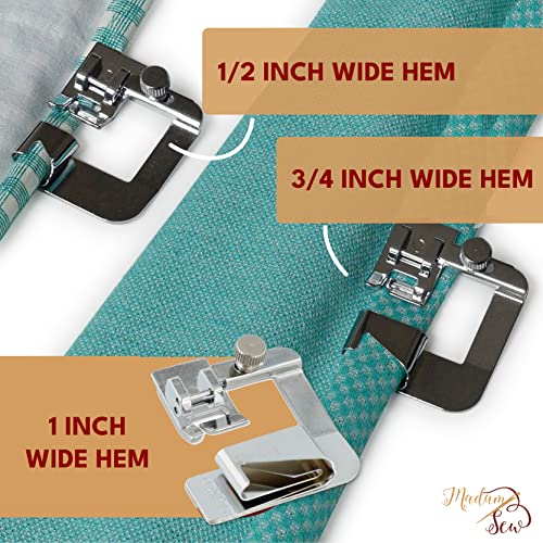 Madam Sew Rolled Hem Presser Foot Set – 3 Piece Wide Hemmer Foot Kit Includes 1/2”, 3/4" and 1” Presser Feet – Compatible with Singer, Brother, Babylock, Euro-Pro, Janome and More