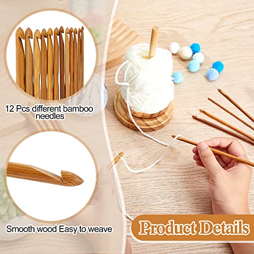 Juexica 2 Pcs Wood Yarn Holder with 12 Bamboo Crochet Hooks Wooden Twirling Mechanism Spinning Needles for Knitting Crocheting DIY Crafts Gifts, Wood Crochet Needles-037