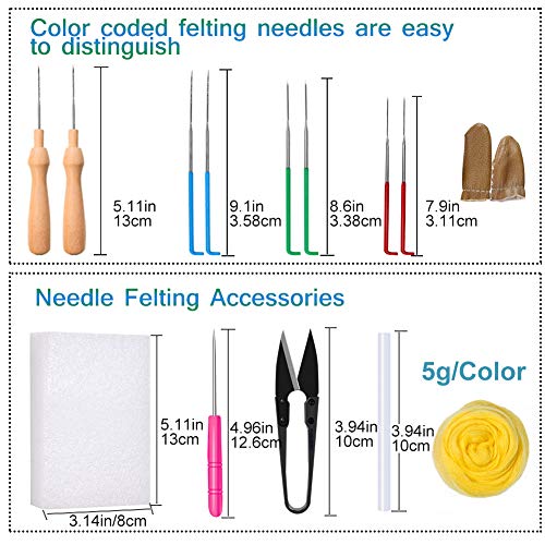 JUPEAN Needle Felting Kit, Wool Roving (5g/Color), Complete Needle Felting Starter Kit with Basic Felt Tools and Supplies Wool Fibre Spinning Craft Wet Felting Material for Beginners