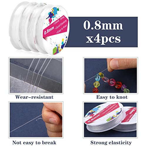4 Rolls Elastic Stretch Thread for Bracelets, Transparent Beading String with 2 Sizes Big Eye Bead Needles and Needle Bottle, Clear Stretch Cord Thread for Jewelry Bracelet Necklace Making Wire(0.8mm)