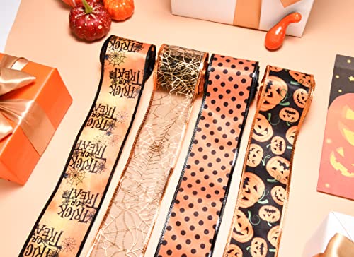 4 Rolls 24 Yards Halloween Ribbon Wired, Black and Orange Ribbon Polka Dot Spider Web Pumpkin Ribbons Organza Glitter Fabric Ribbons for Halloween Party Home Decor Wreath Supplies Craft Bow Wrapping