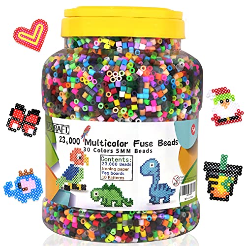 23,000 pcs Fuse Beads Kit for Kids Crafts, 30 Colors Iron Beads Set with 3 Pegboards, 5 Ironing Paper, 10 Patterns, Gifts for Birthday Christmas, Multicolor 5mm Melty Beads Bulk Refill Kit by Inscraft