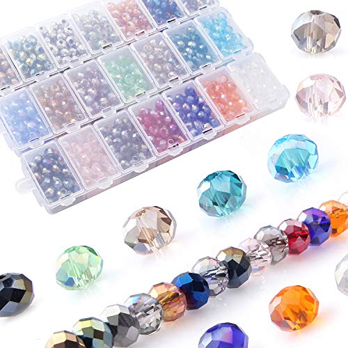 Glass Beads for Bracelet 1050pcs 21 Colors Crystals Briolette Faceted Rondelle Beads 6mm Spacer Beads with Container Box Crystal Beads for Jewelry Making