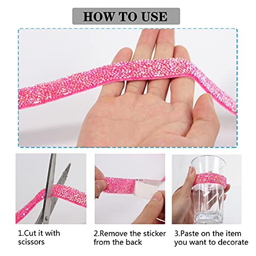 Self Adhesive Crystal Rhinestone Ribbon 4 Yards Bling Ribbons Roll Banding Belt Wrap Gem Stickers for Wedding Cakes Birthday Crafts Sandals Decorations, 4 Rolls in 4 Sizes (Pink-AB)