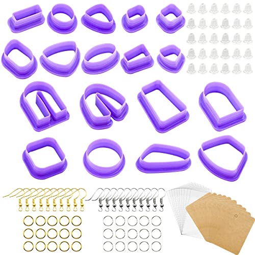 18 Pcs Plastic Polymer Clay Earring Cutters with Earring Cards Earring Hooks Jump Rings Earring Backs Self Sealing Bags Different Shape DIY Clay Cutter for Polymer Clay Jewelry Bulk Earring Making Set