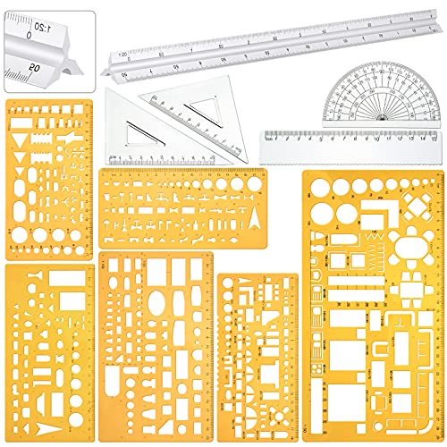 11 Pieces Plastic Drawing Template Ruler Geometric Drawing 12 Inch Triangular Aluminum Architect Scale Measuring Templates Building Geometric Kit Plastic Drawing Template Ruler for Drafting