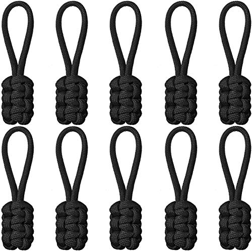 10 Pieces Replacement Zipper Pulls Tab Universal Nylon Zipper Repair Kit Zipper Slider Pull Tab Zipper Fixer Metal Zipper Head Hand Woven Pull Rope Zipper Handle Cord Pull Tab (Black)