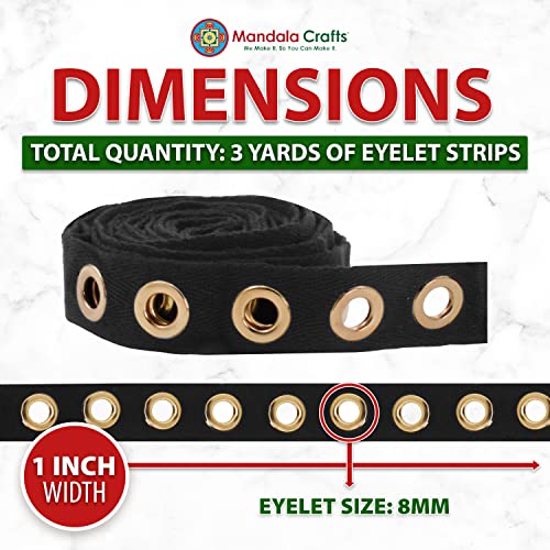 Mandala Crafts Gold Metal Eyelet Trim with Grommets - Black Eyelet Grommet Tape for Sewing - 1 Inch 3 YDs 8mm Eyelet Tape Strip Cotton Twill Tape by The Yard