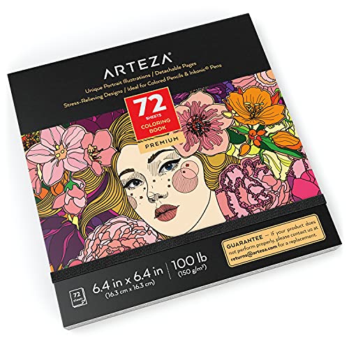 Arteza Adult Coloring Book, 6.4 x 6.4 Inches, 72 Sheets, Portrait Illustrations, Travel-Sized Detachable 100-lb Coloring Sheets, Art Supplies for Relaxing, Reflecting, and Decompressing