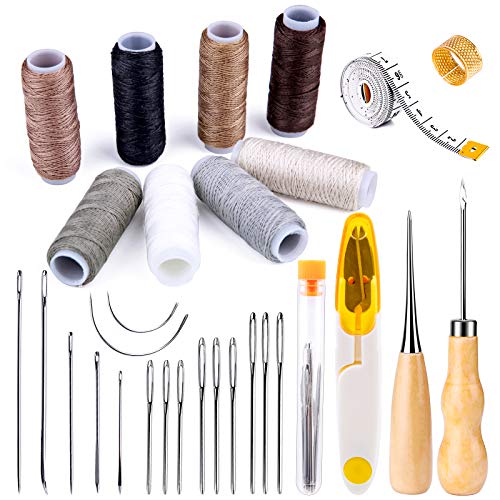 30 Pieces Leather Sewing Kit, Leather Sewing Upholstery Repair Kit with 8 Colors Sewing Thread, Leather Sewing Needles, Awl, Scissors, Thimble, and Tape Measure for Leather Sewing Repair Bookbinding