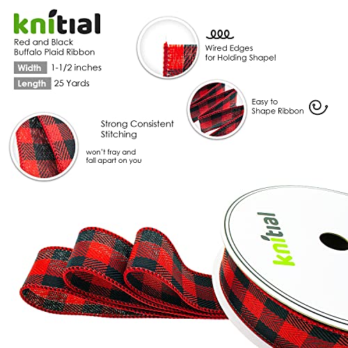 Knitial Wired Buffalo Plaid Ribbon 1-1/2 Inches x 25 Yards Red and Black Buffalo Check Ribbon for Gift Wrapping, Crafts, and Decorations