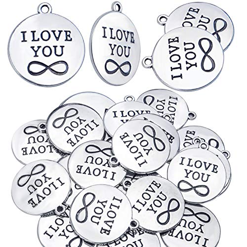 Words Charm Pendants, 30 Pieces Alloy Messages Saying Charms Lettering Pendant Beads Craft Supplies for DIY Necklace Bracelet Jewelry Making (I LOVE YOU Charms) - 24mm Diameter