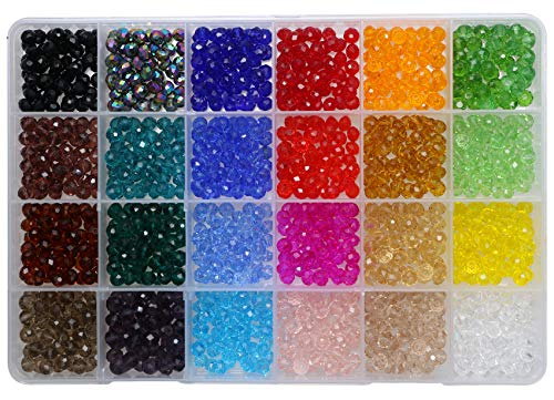 Shapenty 24 Colors 6mm Decorative Hand Briolette Faceted Rondelle Crystal Glass Beads with Hole for DIY Craft Bracelet Necklace Jewelry Making, 1200 Pieces/Box