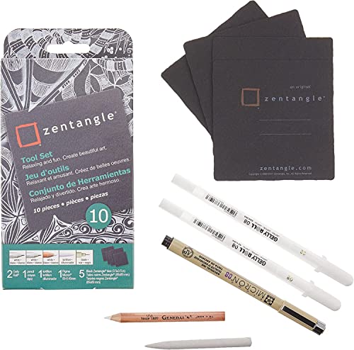 Sakura Zentangle Tool Set - 2 Gelly Roll White Pens, 1 Micron 08 Black Pen, 1 White Charcoal Pencil, 1 Tortillion, 5 3.5" Black Tiles - Black Zentangle Tiles - 10 Piece Set