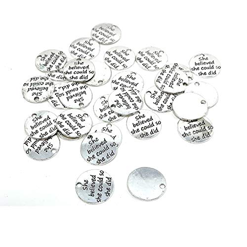 JIALEEY 30pcs Alloy She believed she could so she did DIY Message Charms Pendant for Crafting Bracelet Necklace Jewelry Making Accessory, Antique Silver Round