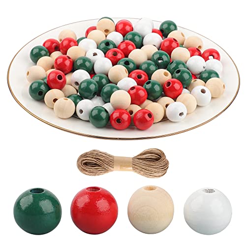 200 Pieces Christmas Wooden Beads Red White Natural Green Wood Spacer Beads Assorted Color Round Loose Beads for Craft Jewelry Making Garland Holiday Party Supplies