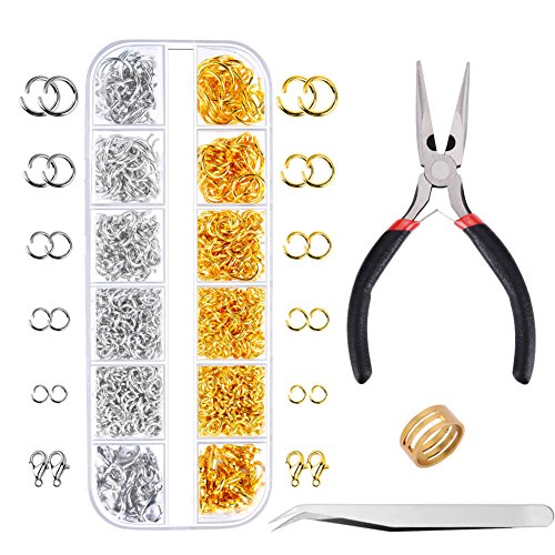 Paxcoo 1200Pcs Open Jump Rings and Lobster Clasps Jewelry Findings Kit with Pliers for Jewelry Making (Silver and Gold)