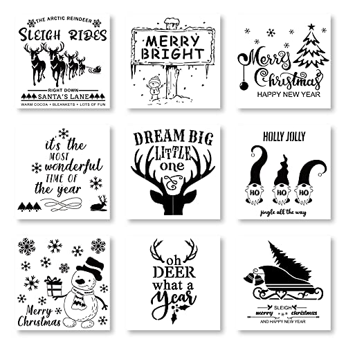 9PCS Large Christmas Stencils for Painting on Wood Wall, Christmas Theme Pattern Templates for DIY Home Winter Christmas Decorations, Paint Wood Signs, Reusable Plastic Stencil（D）