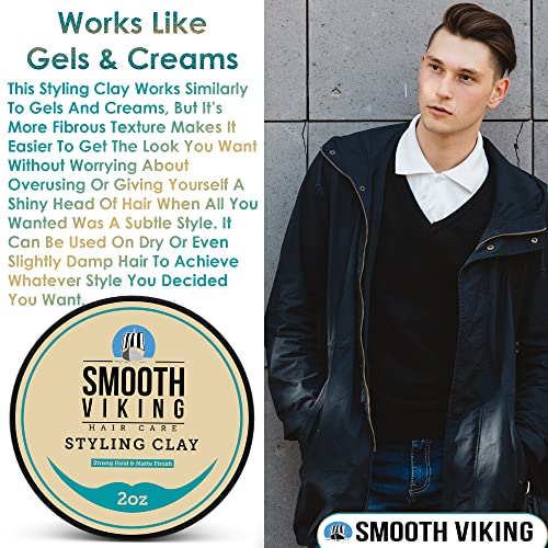 Hair Clay For Men | Smooth Viking Clay Pomade for Matte Finish & Strong Hold (2 Ounces) - Non-Greasy & Shine-Free Hair Styling Clay - Mineral Oil Free Mens Hair Product