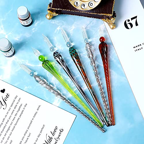6 Pieces Handmade Glass Dip Pen Crystal Glass Signature Pen Calligraphy Glass Pen Vintage Dip Ink Pen Borosilicate Present Pen for Writing Drawing Signatures Calligraphy Decoration (Fresh Color)