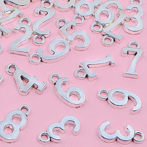 100pcs Antique Silver Arabic Numerals 0-9 Charms Digital Figures Number Pendant Charms Craft Supplies for DIY Necklace Bracelet Jewelry Making Accessories, Hole: 2.4 mm