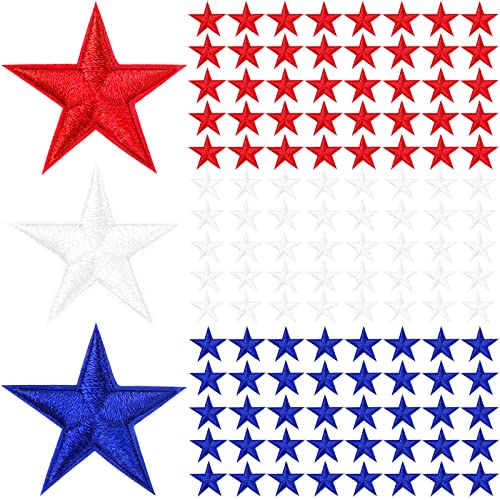 120 Pieces Independence Day Signs Patriotic Stars Iron on Patches Applique Patch with Star Embroidered Applique Red Blue White Star Patches Adhesive Iron on Stars for 4th of July