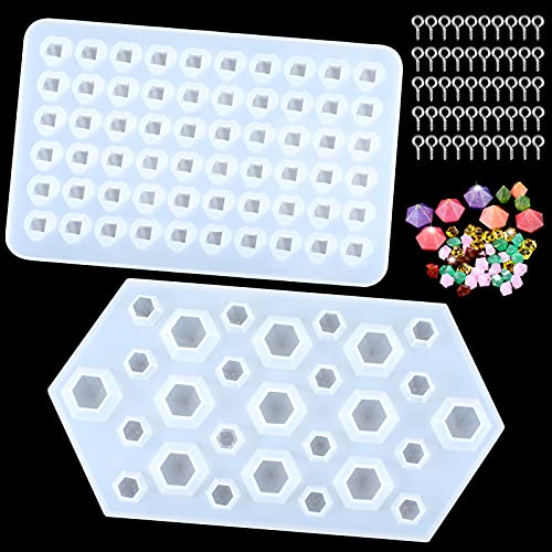 2 Pieces 3D Diamond Gem Silicone Molds 60 and 27 Cavities Resin Gem Molds Mini Gem Casting Molds with 100 Pieces Screw Eye Pins for Epoxy DIY Crafts Jewelry Pendant Making
