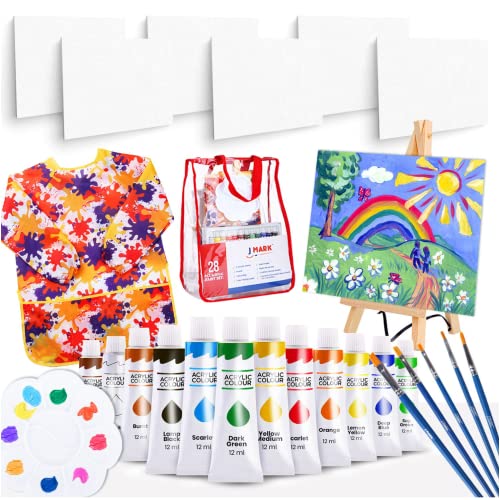 J MARK Paint Set for Kids - Acrylic Painting Kit with Storage Bag, Non Toxic Washable Paints, Scratch Free Wood Easel, Canvases, Brushes, Well Palette, Painting Supplies Kit for Boys and Girls