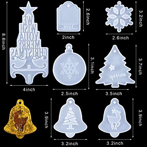 7 Pieces Christmas Resin Silicone Molds 3D Christmas Tree Mold Pendant Decoration Molds with Hanging Hole Include Bells, Elk, Christmas Tree, Round Snowflakes Pendant, Love Tag for Xmas Home Decor