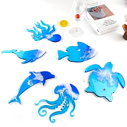 6Pcs Coaster Molds for Epoxy Resin – Marine Animal Theme Silicone Molds for Resin Casting –Fish, Octopus, Turtles, Jellyfish, Whales, Dolphins Coaster Mold DIY Resin Art – Reusable Epoxy Molds