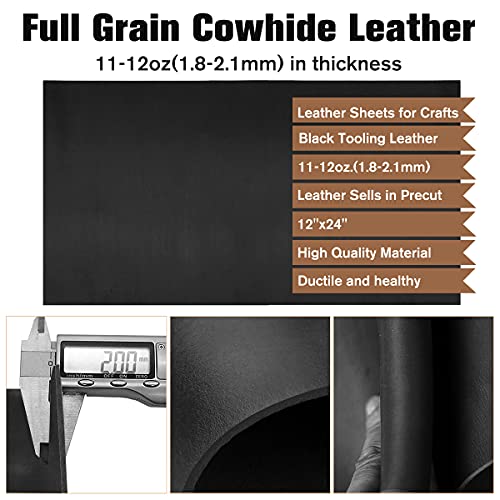 Black Leather Sheets for Crafts Tooling Leather Square 1.8-2.1mm Thick Full Grain Leather Pieces Genuine Cowhide Leather for Crafts Sewing Hobby Workshop 12"x24"