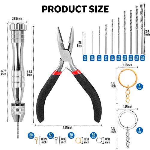 222 PCS Pin Vise Kit for Resin Molds, LEOBRO Steel Hand Drill with Drill Bits & Grip Nose Pliers & Keychain Supplies Jump Rings, Hand Drill for Silicone Mold DIY Resin Jewelry Keychains Pendant Making