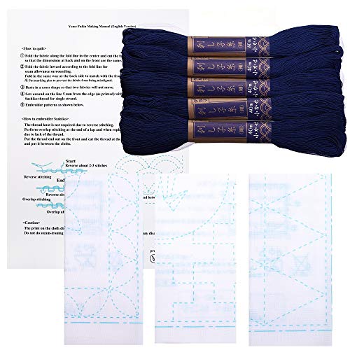 Sashiko kit, Yokota Sashiko Thread and Template Yume Fukin with Original English Manual, Fabric, Japanese Textile (Navy Thread / White Dishcloth 3)