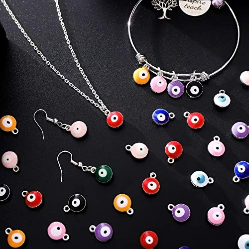 80 Pieces Halloween Alloy Evil Eye Charms Double-Sided Evil Eye Charm Round Evil Eye Pendant Colorful Enamel Eye Charm for DIY Jewelry Earring Necklace Craft Making, 10 Colors (Silver Base)