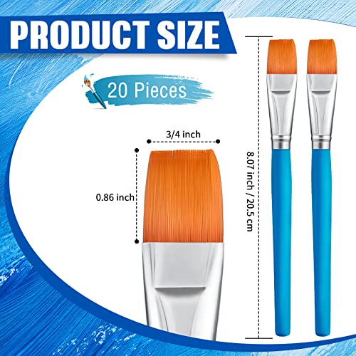 20 Pcs Flat Acrylic Paint Brush Wide Paint Brushes Watercolor Quality Synthetic Artist Paint Small Brush Bulk Painting Brush for Detail Art Painting Oil for Kids Students (Blue, 3/4 Inch)