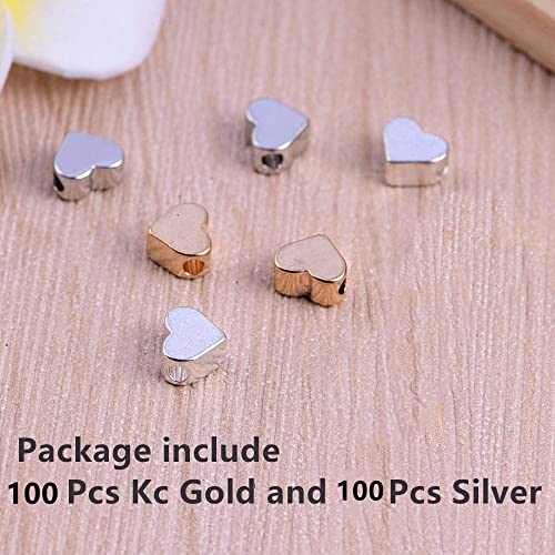 Pinhoollgo 200 Pcs Heart Shape Spacer Beads Small Hole Spacer Beads Metal Loose Beads for Making Bracelet Necklace Earring Accessories DIY Handmade Craft (100 Gold+100 Silver)