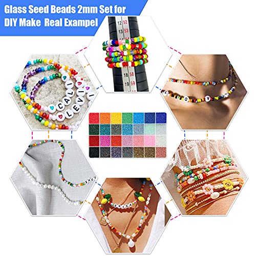Ybxjges 19600Pcs 2mm Glass Seed Beads 12/0 Small Craft Beads with Ring Sizer Mandrel Jump Rings Lobster Clasp Crimp Beads and Elastic String for DIY Bracelets Necklace Jewelry Making Supplies