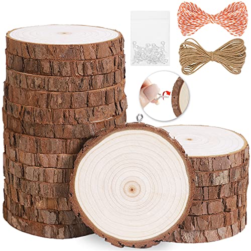 Natural Wood Slices 20Pcs 3.5-4.0 in Unfinished Wood Kit with Screw Eye Rings, Complete Wood Coaster, Wooden Circles for Crafts Wood Christmas Ornaments Wedding DIY Crafts