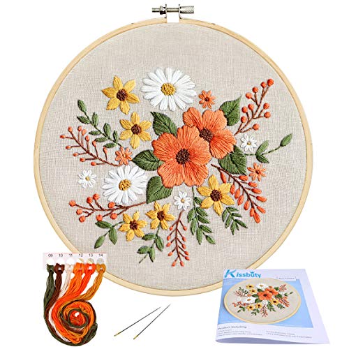 Full Range of Embroidery Starter Kit with Pattern, Kissbuty Stamped Embroidery Kit Including Embroidery Cloth with Pattern, Bamboo Embroidery Hoop, Color Threads Needle Kit (Flowers)