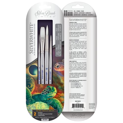 Silver Brush Limited 1521S Silverwhite Art Set, Watercolor, Acrylic, Gouache / Oil Brushes, 2 Round Brushes Sizes 4 and 10, 1 Script Liner Brush Size 1, 1 Stroke Brush 1/2 Inch, Short Handle 4 Brushes