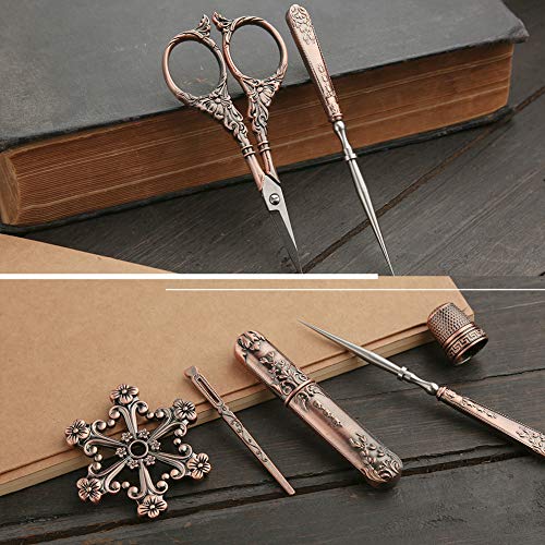 Embroidery Scissors Kits, Vintage Scissors European Style Sewing Scissors, Sewing Kit with Sewing Needle Case, Thimble and Metal Floss Bobbin, Complete Needlework Kits for Embroidery ( Coppery)