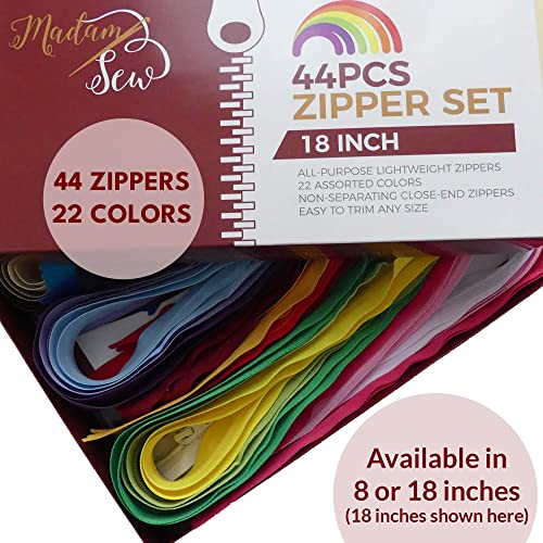 Madam Sew 44pcs 8 Inch Zippers for Sewing Garments – Bulk Zippers with Plastic Coil Teeth, Heavy Duty Metal Zipper Pulls and Nylon Tapes – Colorful Closed End, Non-Separating Zippers in 22 Colors