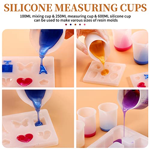 Silicone Measuring Cups Tool Kit,600ml&250ml&100ml Thickening&Polishing Silicone Mixing Cups with 2PCS Silicone Brushes for Mixing Resin,Silicone Cups for Epoxy Resin Mixing,Easy Clean