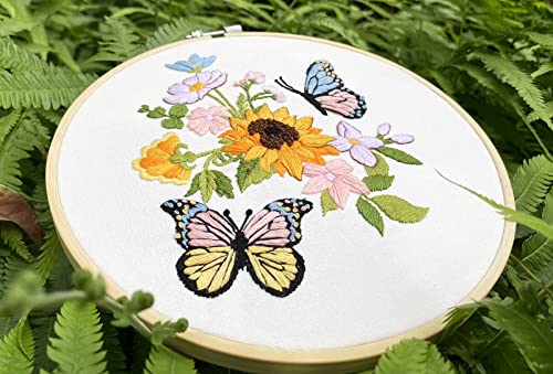 Yutaohui Butterfly Embroidery Kit with Flower,Funny Embroidery Kit for Adults Beginner,Stamped Cross Stitch Kit for Crafts Starters with 1 Plastic Embroidery Hoop, 2 Needles and Enough Threads.