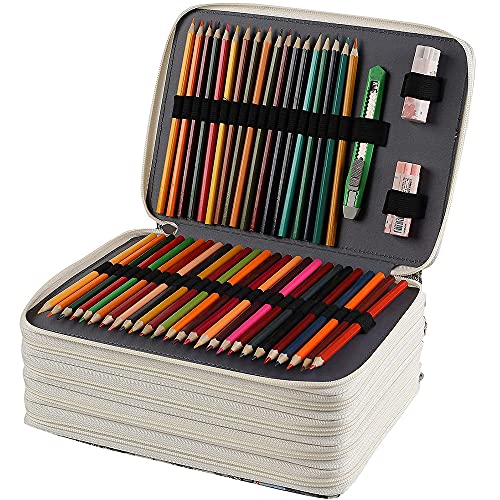 Shulaner 250 Slots Colored Pencil Case with Zipper Closure Large Capacity Retro Style Element Pattern Pencils Bag Waterproof 840D PVC Fabric Pen Organizer Storage Holder for Student or Artist