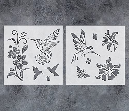 GSS Designs Hummingbird Stencils for Painting (2 Pack) - Bird Floral Flower Bee Stencils for Painting on Wood Canvas Walls and DIY Craft Projects - Reusable Hibiscus Flower Stencil (12" x 12")